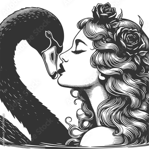 woman tenderly kissing a black swan, symbolizing intimacy with chaos, mystery, or rare events sketch engraving generative ai vector illustration. Scratch board imitation. Black and white image.