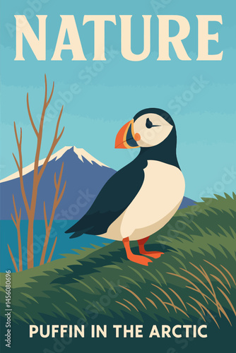 Puffin Standing on Grassy Hill in Arctic Landscape Flat Illustration
