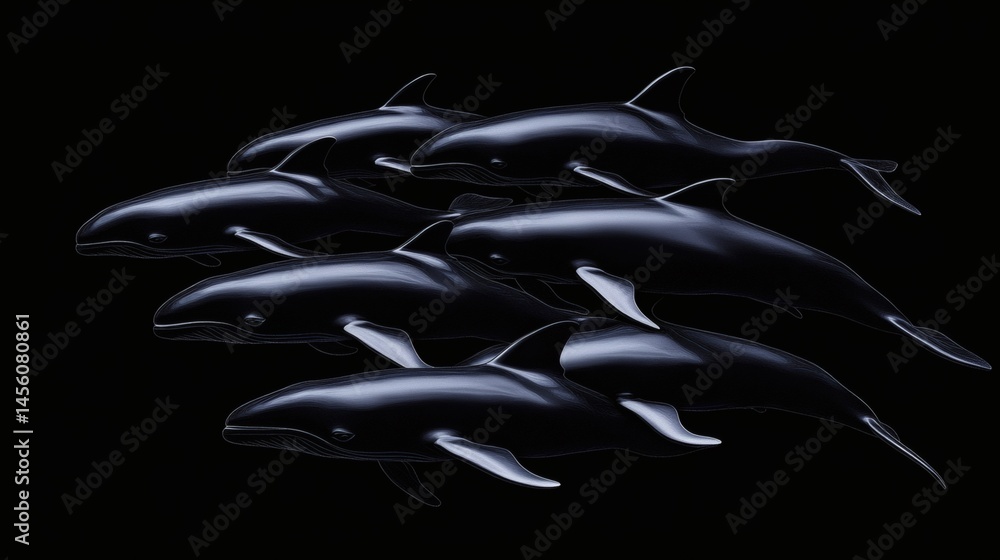 Dark dolphins swimming, ocean depths, wildlife pod