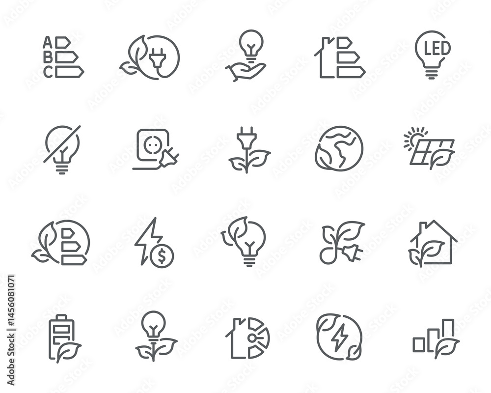 Editable Vector Icon Set in Line Style on Energy Saving and Sustainability Theme Editable Vector Icon Set in Line Style on Energy Saving and Sustainability Theme