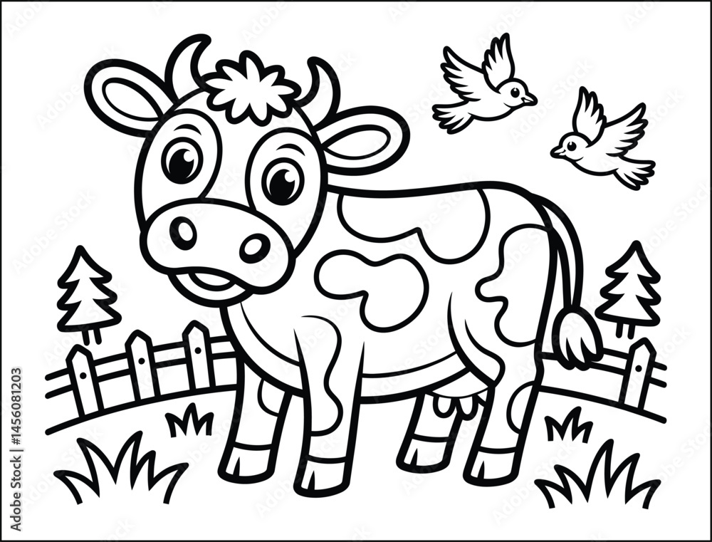 Fototapeta premium Cute Cartoon Cow in a Farm Setting Coloring Page