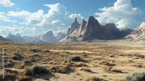 Desert landscape, majestic mountains, sunny day, arid plains. Use Background, travel, adventure