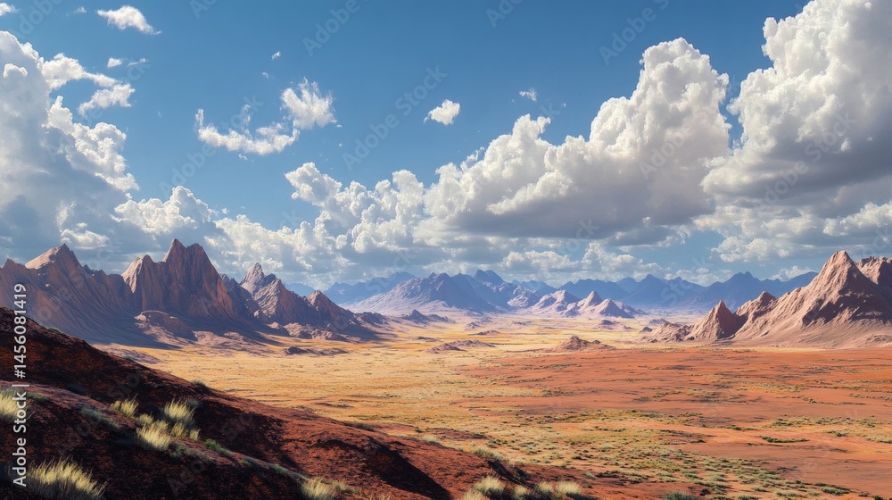 Desert landscape, mountains, clouds, vast plains, scenic view; ideal for travel brochures