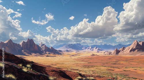 Obraz na płótnie Desert landscape, mountains, clouds, vast plains, scenic view; ideal for travel brochures w salonie