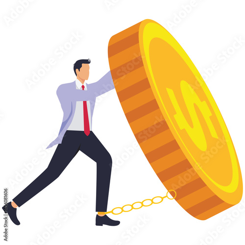 A squatting businessman with his hands cuffed with large gold coins tries to restrain him. Illustration for gold handcuffs, exclusive contract, binding workers