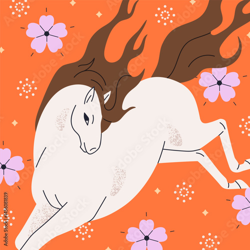 Horse among flowers, Chinese Asian post card. Lunar zodiac mascot, equine ani...