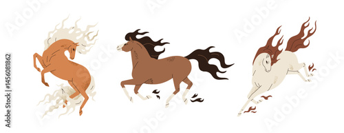 Horse galloping and jumping. Fast equine animals, free stallions in motion, elegant mares in energetic movements with power, freedom and beauty. Flat vector illustration isolated on white background