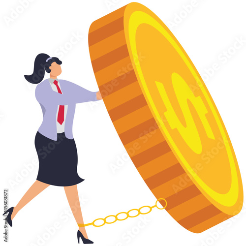 A squatting businesswoman with his hands cuffed with large gold coins tries to restrain him. Illustration for gold handcuffs, exclusive contract, binding workers