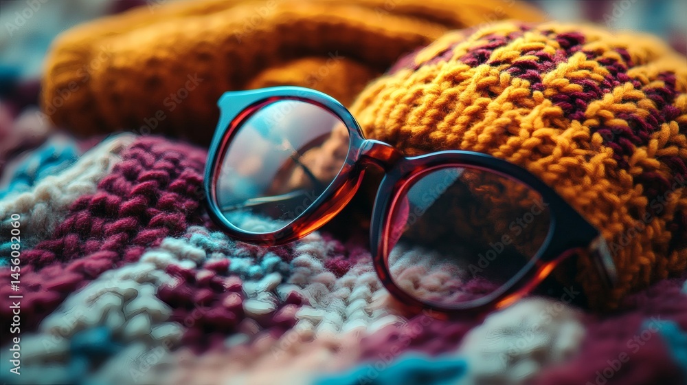 Cozy autumn glasses and hat on textured blanket