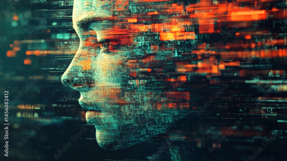 Digital face, data stream, tech future, abstract background, AI concept