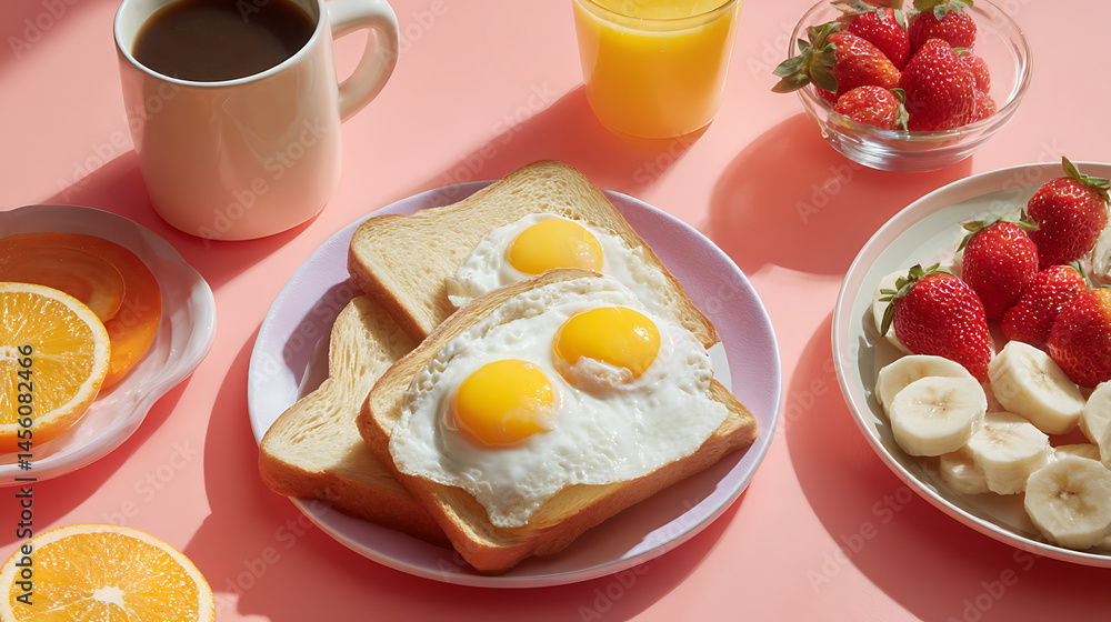 A breakfast spread with eggs on toast, fruit, coffee, and juice on a pink colored table surface