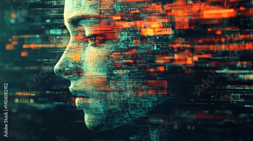 Obraz na płótnie Digital face, data stream, tech future, abstract background, AI concept w salonie