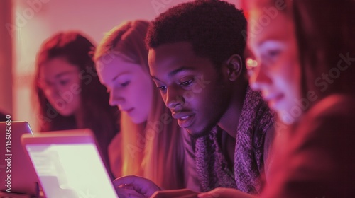 Obraz na płótnie Diverse students collaborate on tablets, nighttime study group, technology illuminated faces. Use education marketing w salonie