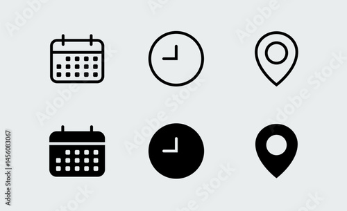 Calendar, time, clock, address, location icon set. Icons for date, reminder, adress, invitation, event