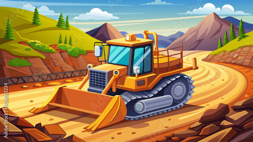 Crawler bulldozer working on construction site or quarry. Mining machinery moving clay, smoothing gravel surface for new road. Earthmoving, excavations, digging on 
 Very beautiful