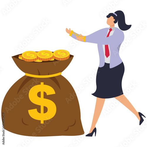 A businesswoman stands with his hands handcuffed to a large bag filled with gold coins. Illustration for golden handcuffs, exclusive contract, binding workers