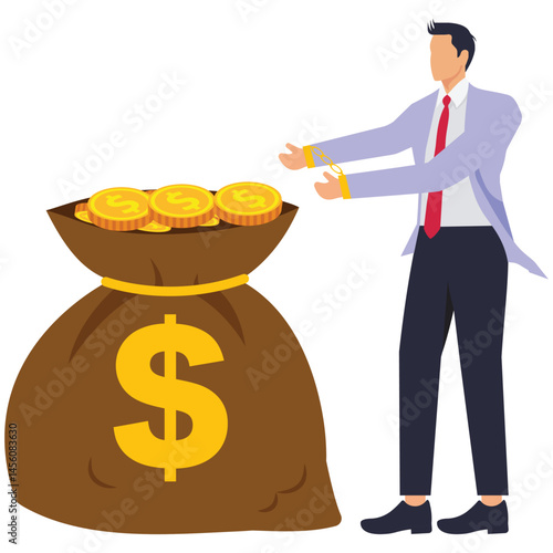 A businessman stands with his hands handcuffed to a large bag filled with gold coins. Illustration for golden handcuffs, exclusive contract, binding workers