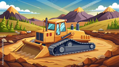 Crawler bulldozer working on construction site or quarry. Mining machinery moving clay, smoothing gravel surface for new road. Earthmoving, excavations, digging on 
 Very beautiful