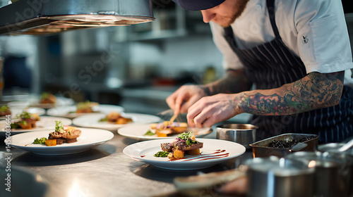 Chef plating food with precision in a professional kitchen under bright lighting and stainless steel hood