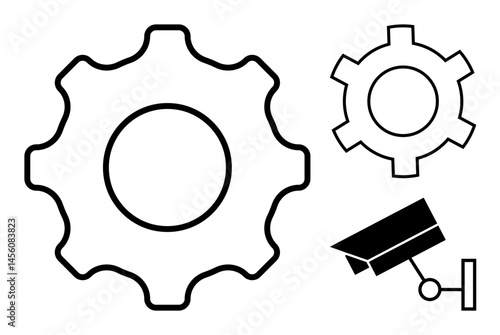 Large and small gear icons with minimal design beside a CCTV camera. Ideal for technology, innovation, surveillance, security, system operations, workflow, and simple landing page