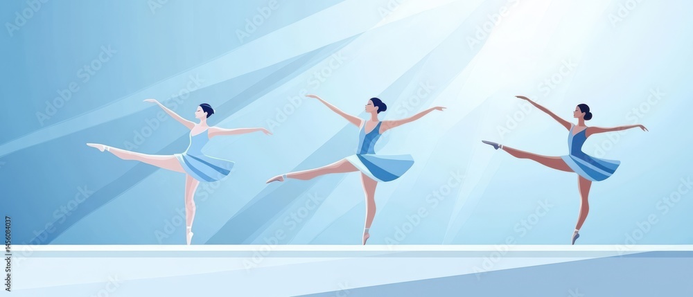 Obraz premium Three elegant adult ballerinas in blue dresses performing arabesque on stage in a dance studio Concept of ballet, performance, art, and classical dance