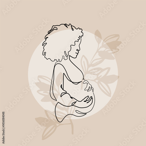 Pregnant African American woman silhouette on floral background. Pregnancy one line art. Abstract pregnant woman, maternal care, baby, mother, gynecology, health concept. Vector illustration