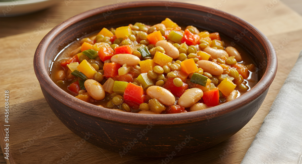 Hearty Legume Stew With Colorful Vegetables In Rustic Bowl On Wood Surface Hearty Legume Stew With Colorful Vegetables In Rustic Bowl On Wood Surface
