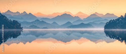 Mountainous landscape features serene lake reflecting silhouette of distant peaks under hazy morning sky.
