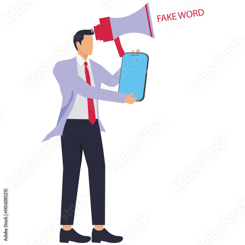 A businessman holds a mobile phone near a megaphone and there is the word fake, an illustration for fake news, hoax, illegal report, misinformation