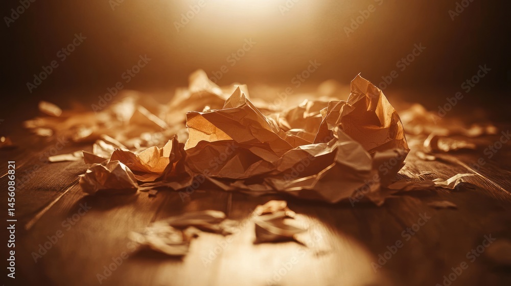 Crumpled brown paper on wooden table with dramatic lighting Crumpled brown paper on wooden table with dramatic lighting