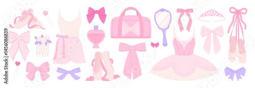 Cartoon ballet elements. Pink girly dance studio accessories. Dress, tutu, bows and hair clips, pointe shoes, perfume and bag, racy vector clipart