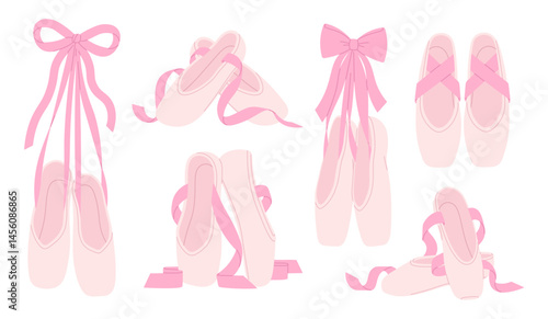 Pointe shoes. Ballet dancers shoe in different rotation. Girl pink slippers with silk ribbons. Dance symbols hang on ribbon, footwear for dancing racy vector set