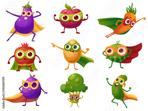 Fruits vegetables superheroes. Carrot melon broccoli plum cucumber in action poses. Fresh vitamin characters in red hero capes and masks, nowaday vector set