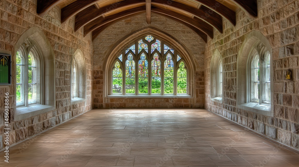 Obraz premium Historical stone chamber featuring vaulted ceiling stained glass windows and arched openings evoking timeless architectural beauty