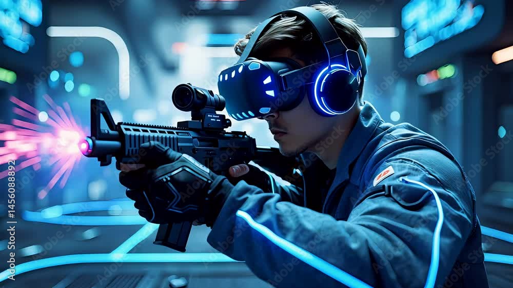 Gamer in Virtual Reality Suit Playing Futuristic Combat Simulation Gamer in Virtual Reality Suit Playing Futuristic Combat Simulation