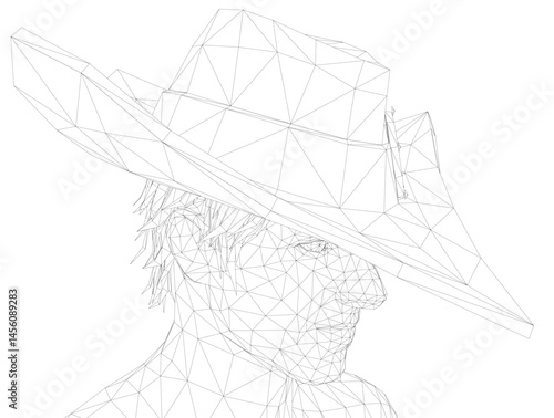 A man wearing a hat is drawn in black and white. The hat is a triangle shape and is positioned on the man's head