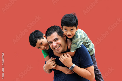 Divorced single dad and dark haired latin sons play and have fun spend quality time together without technology in poor