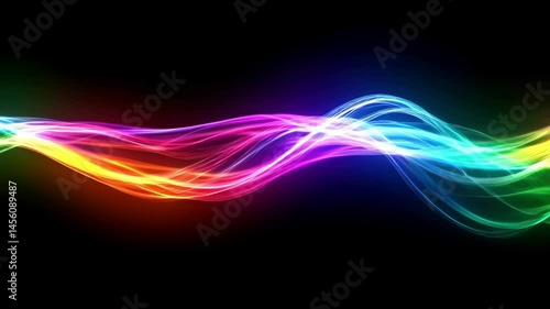 rainbow neon fluid waves with glowing light on black background