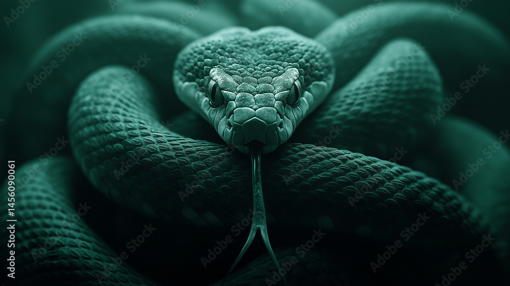 Fototapeta premium Close-up of a green serpent resting calmly in its natural habitat during twilight hours