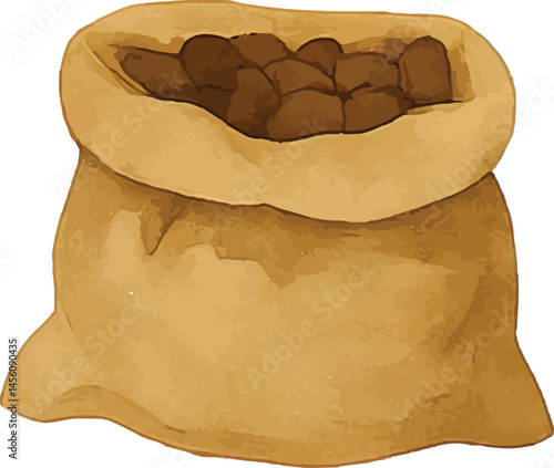 A watercolor-style illustration of a burlap sack filled with coffee beans, symbolizing the raw material used for brewing coffee