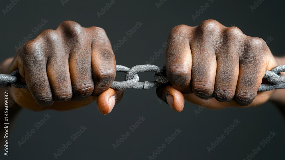 Fototapeta premium African American hands holding broken chain in fists, man breaking chains, Juneteenth, Emancipation Day in the USA, June 19, fight against slavery