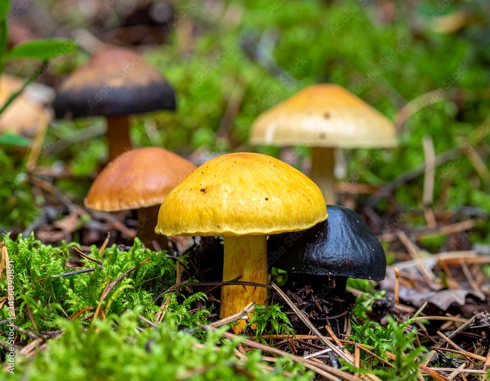 Close-up of mushrooms growing in mossy forest soil Close-up of mushrooms growing in mossy forest soil