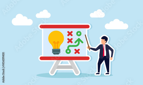 Businessman teaching with a pointer next to a board featuring a light and strategy path, illustration of strategies to enhance and optimize business ideas