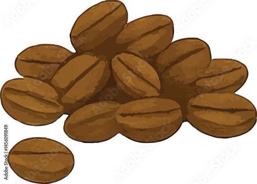 A watercolor-style illustration of  coffee beans, showcasing their rich texture and natural brown color, representing the raw material for brewing coffee