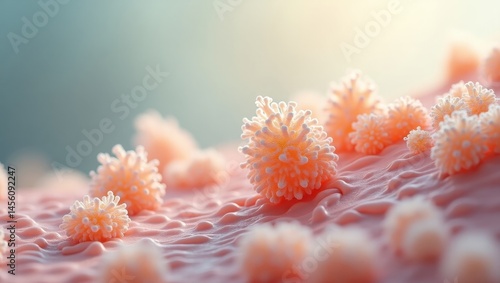 Skin Microbiome. Microbial skin ecosystem. Trend product close-up. Close-up of pink, microbial skin ecosystem with white flowers, symbolizing inner balance and harmony naturally.