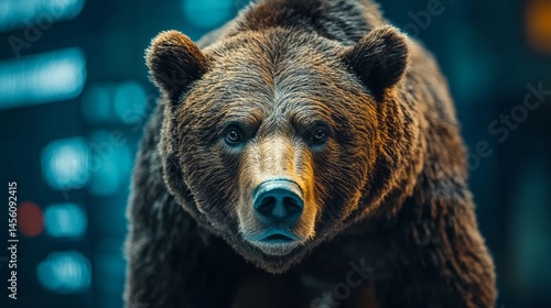 Close-up view of a large bear in a modern setting.