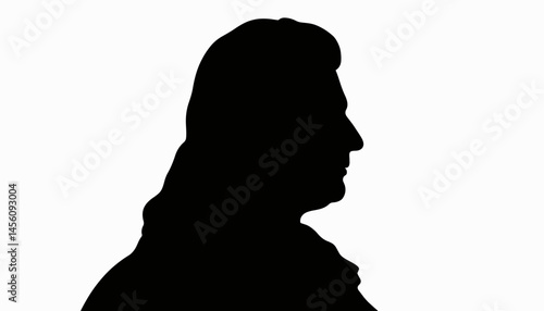 Silhouette of a historic judge in powdered wig against white background, symbolism of justice