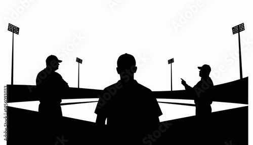 Umpires discussing game strategy on baseball field silhouette, teamwork