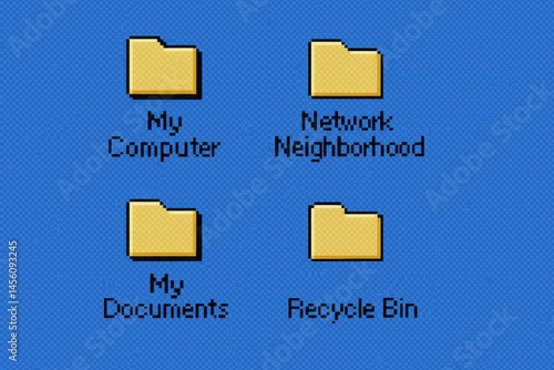 Windows 95 style graphics with folders, pixels and blue background	
