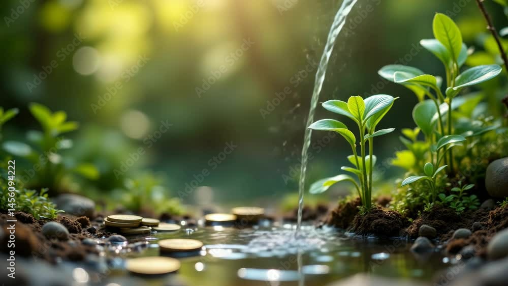 Young green plants growing by a small stream with flowing water and scattered gold coins on the soil. Young green plants growing by a small stream with flowing water and scattered gold coins on the soil.